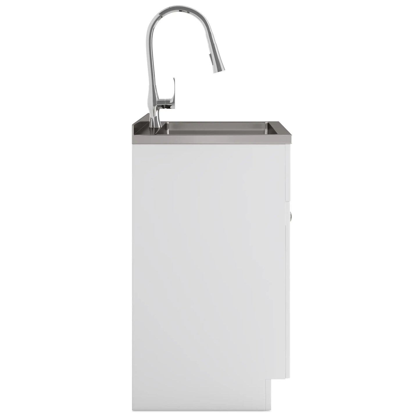 Beckham laundry vanity with chrome high-arc faucet and stainless steel sink on Tampa Home & Garden Store