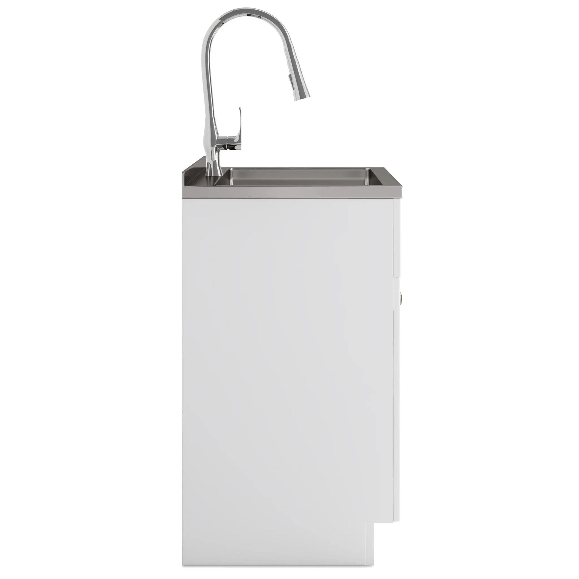 Beckham laundry vanity with chrome high-arc faucet and stainless steel sink on Tampa Home & Garden Store