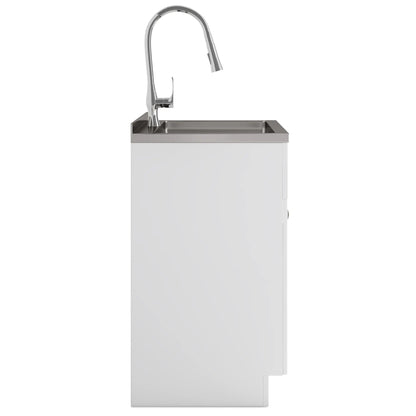 Beckham laundry vanity with chrome high-arc faucet and stainless steel sink on Tampa Home & Garden Store