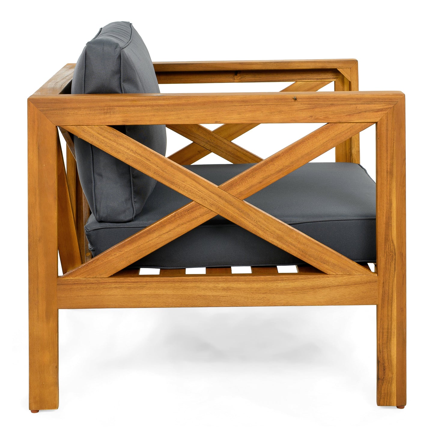 Outdoor club chair with gray cushions and a warm acacia wood frame by HouseOfZazla on Tampa Home & Garden Store