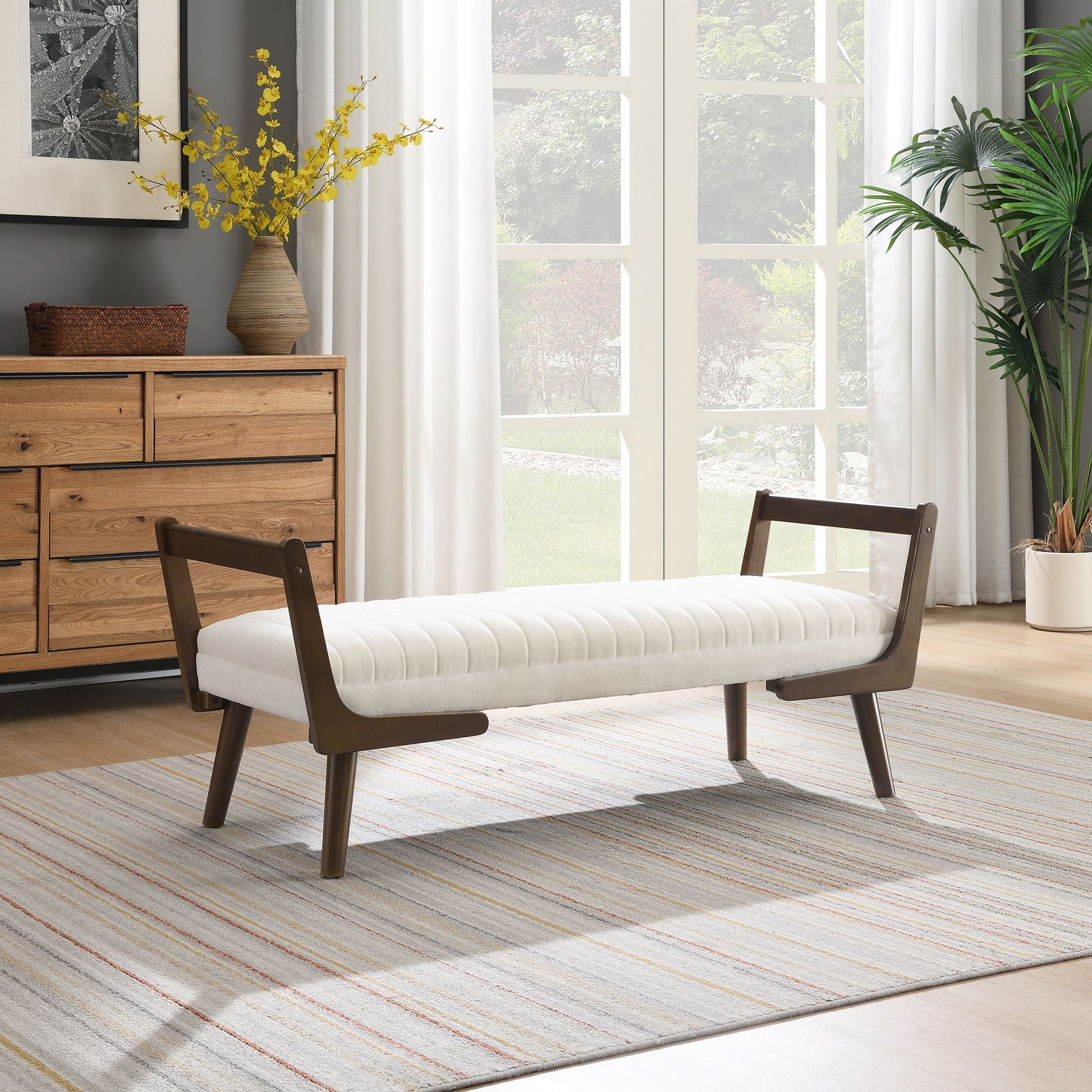 Mid-Century Bench With Wood Legs upholstered in beige fabric by HouseOfZazla on Tampa Home & Garden Store