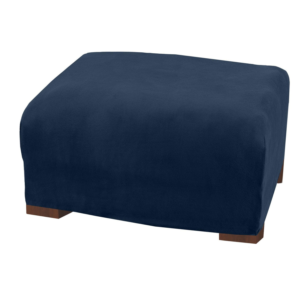 Velvet stretch slipcover Gale Collection navy blue by Great Bay Home on bed on Tampa Home & Garden Store
