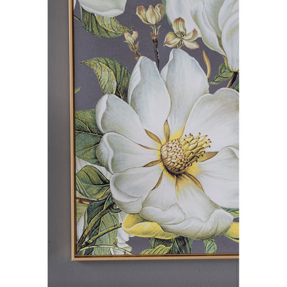 Botanical wall art print featuring white magnolia blooms and green leaves in a gold microfiber frame on Tampa Home & Garden Store