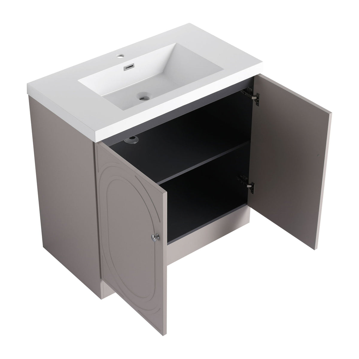 Freestanding bath vanity with white resin sink on gray cabinet; right door open on Tampa Home & Garden Store