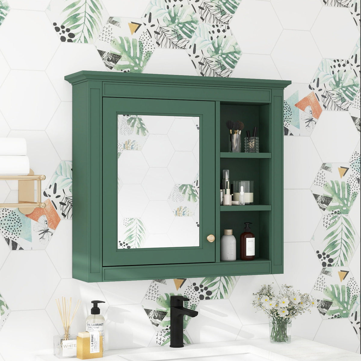 Green wall-mounted medicine cabinet with mirrored door and 3 open shelves by HouseOfZazla on Tampa Home & Garden Store