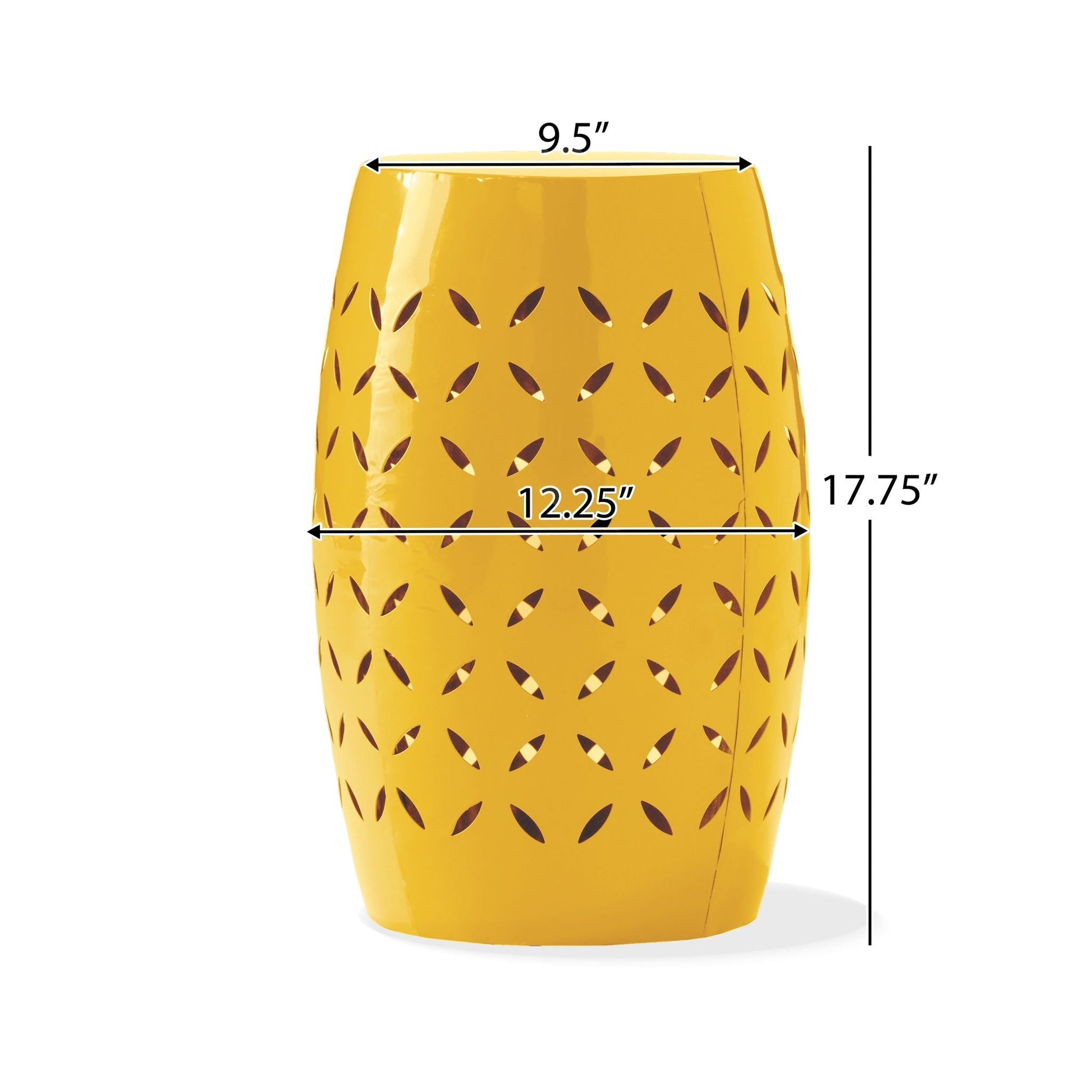 HouseOfZazla yellow barrel-shaped outdoor side table with leaf-cutout perforations on Tampa Home & Garden Store