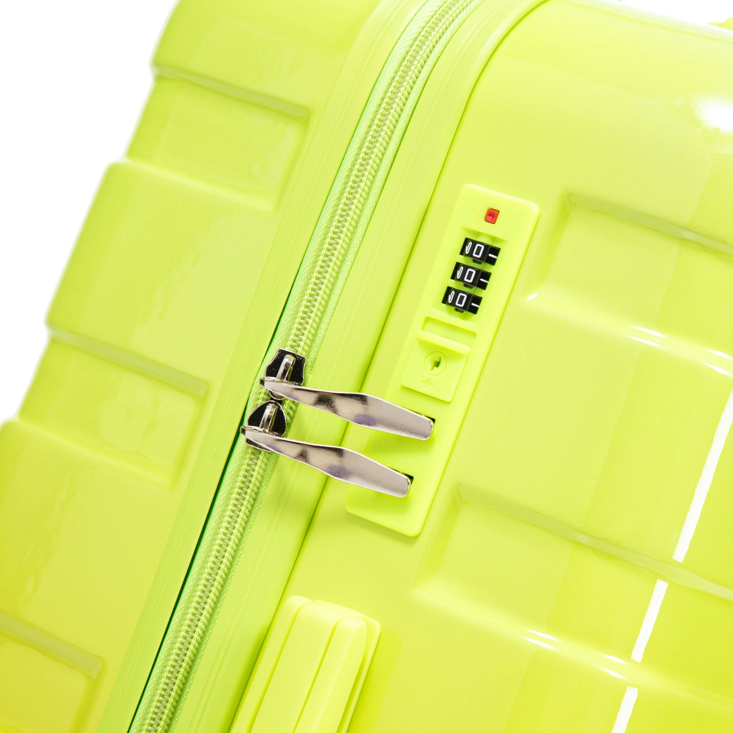 3-piece spinner luggage set HouseOfZazla neon lime closeup with zipper and TSA-style lock on Tampa Home & Garden Store