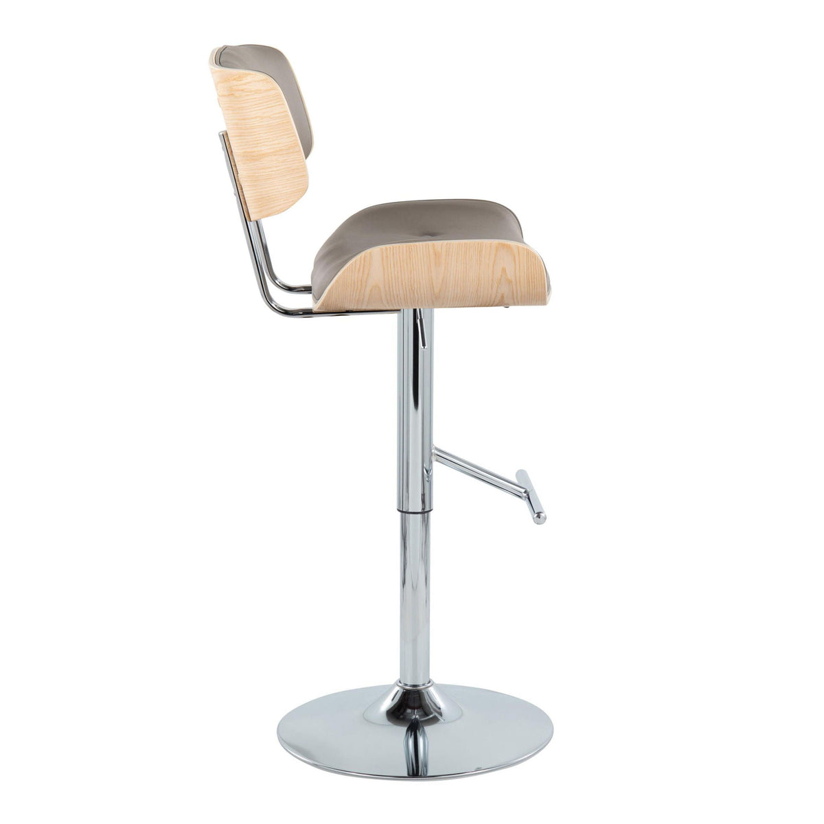 Contemporary adjustable barstool with swivel and T-footrest; beige seat, wood back, chrome base on Tampa Home & Garden Store