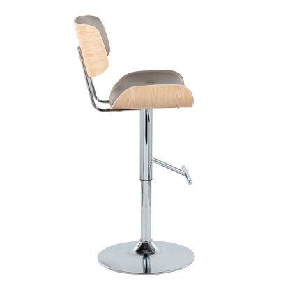 Contemporary adjustable barstool with swivel and T-footrest; beige seat, wood back, chrome base on Tampa Home & Garden Store