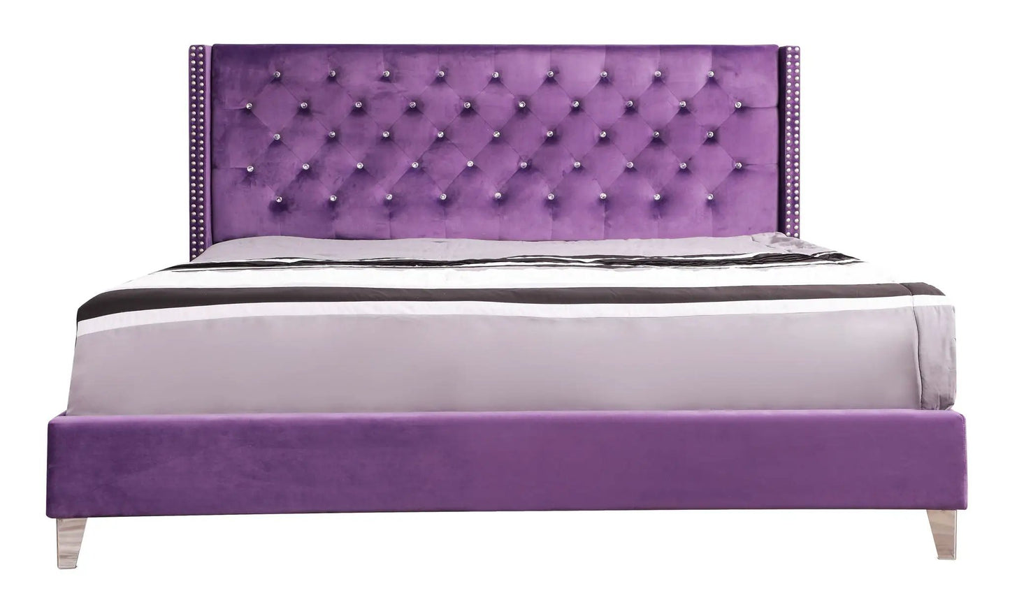 Upholstered Nailhead Trim Chic Bed purple velvet with tufted headboard and crystal accents on Tampa Home & Garden Store