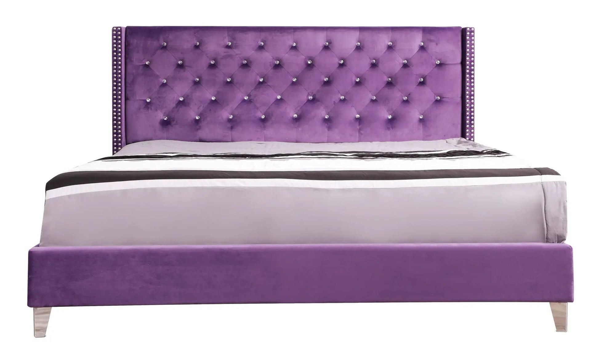 Upholstered Nailhead Trim Chic Bed purple velvet with tufted headboard and crystal accents on Tampa Home & Garden Store