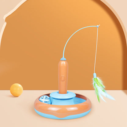 2 in 1 cat toy with feather self-play turntable, orange and blue base with feather wand and ball on Tampa Home & Garden Store