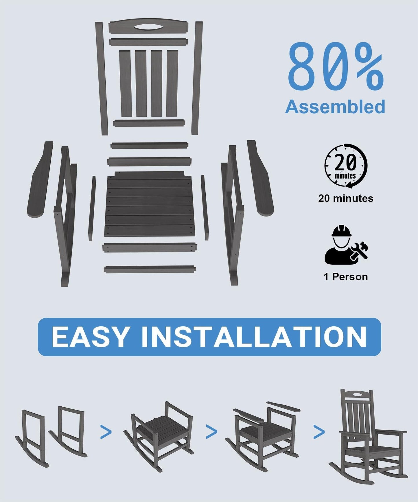HouseOfZazla outdoor rocking chair set of 2 in grey HDPE, parts laid out for easy installation on Tampa Home & Garden Store
