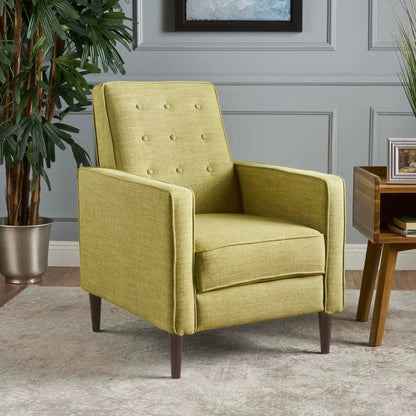 Mid-Century Modern recliner in olive-green waffle-stitch fabric with button tufting and wooden legs on Tampa Home & Garden Store