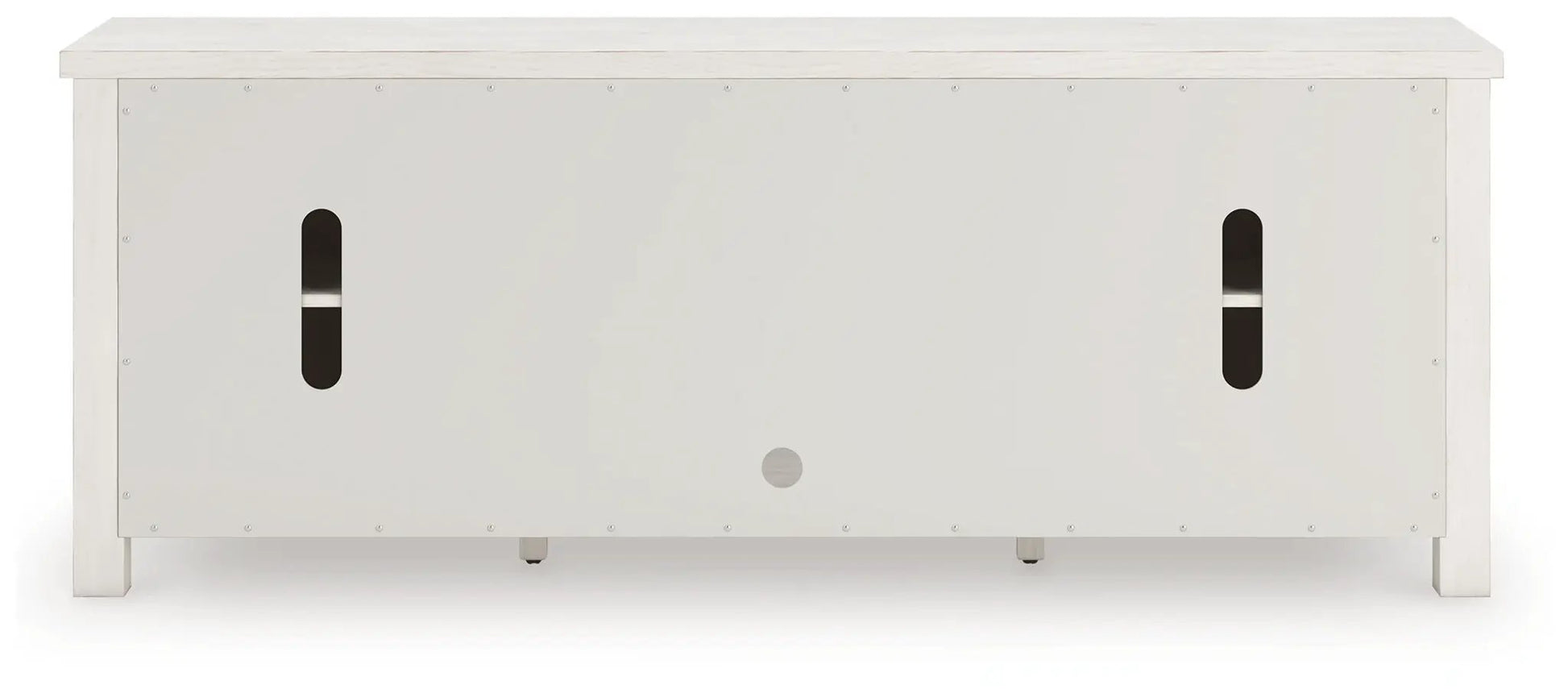 Robbinsdale Extra Large TV Stand Antique White back view with oval cable pass-through slots on Tampa Home & Garden Store