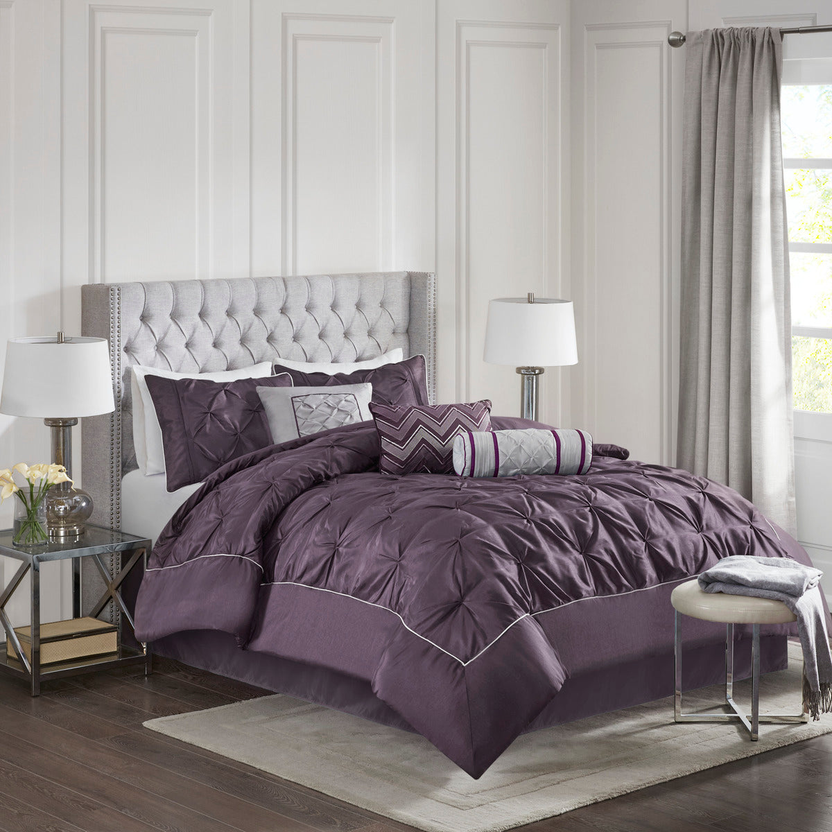 7 Piece Tufted Comforter Set Plum Queen by HouseOfZazla, quilted plum bedding on bed on Tampa Home & Garden Store