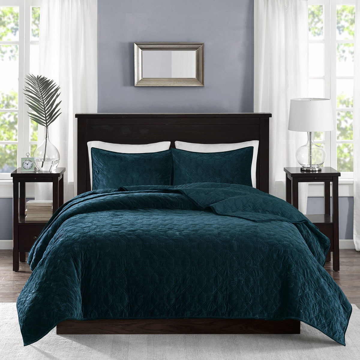 Teal velvet quilt set King/Cal King 3-piece with geometric quilting on Tampa Home & Garden Store