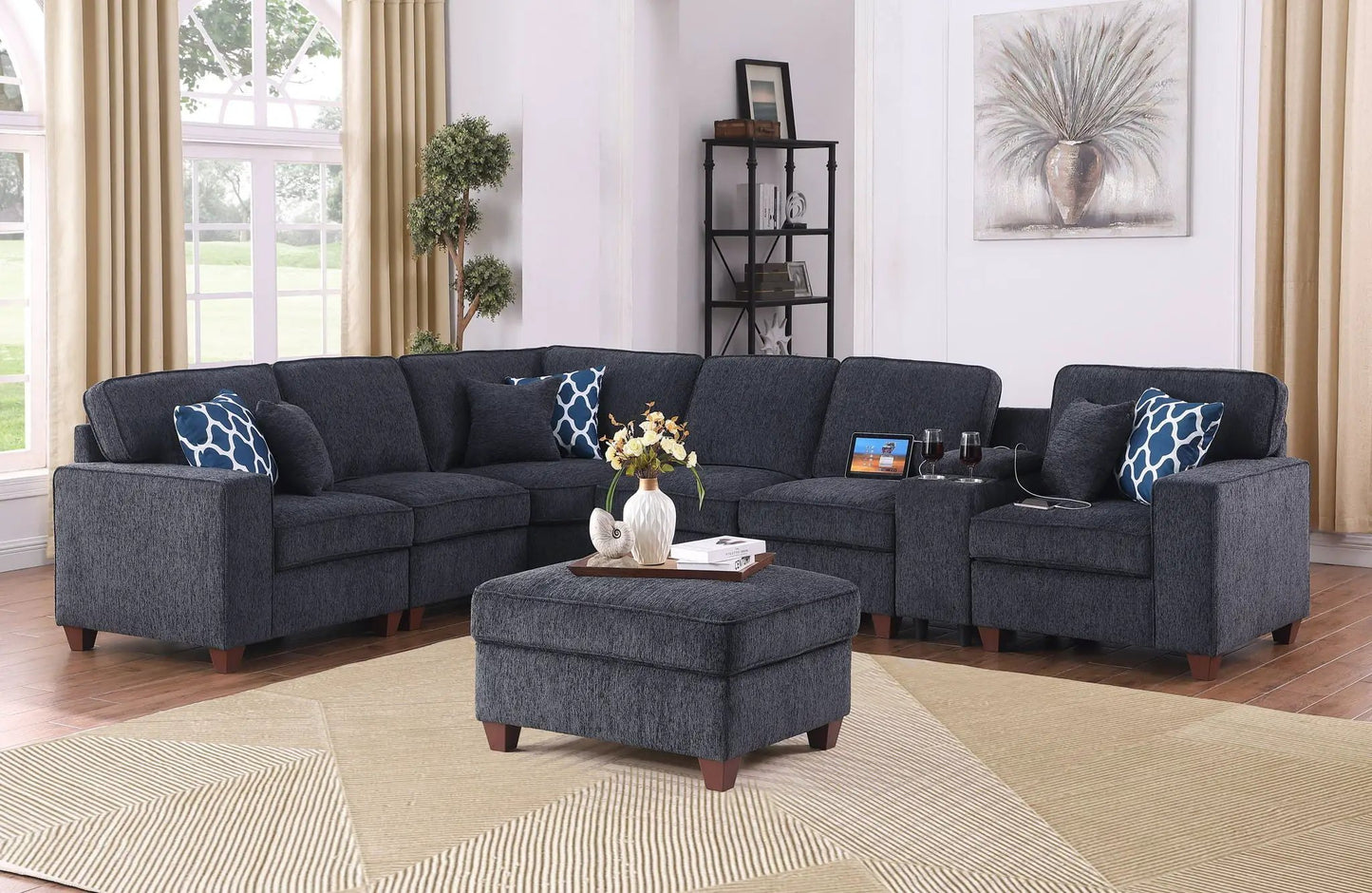 Gina black sectional sofa with ottoman, 2-piece sofa set from Unique Piece Furniture, blue pillows on Tampa Home & Garden Store