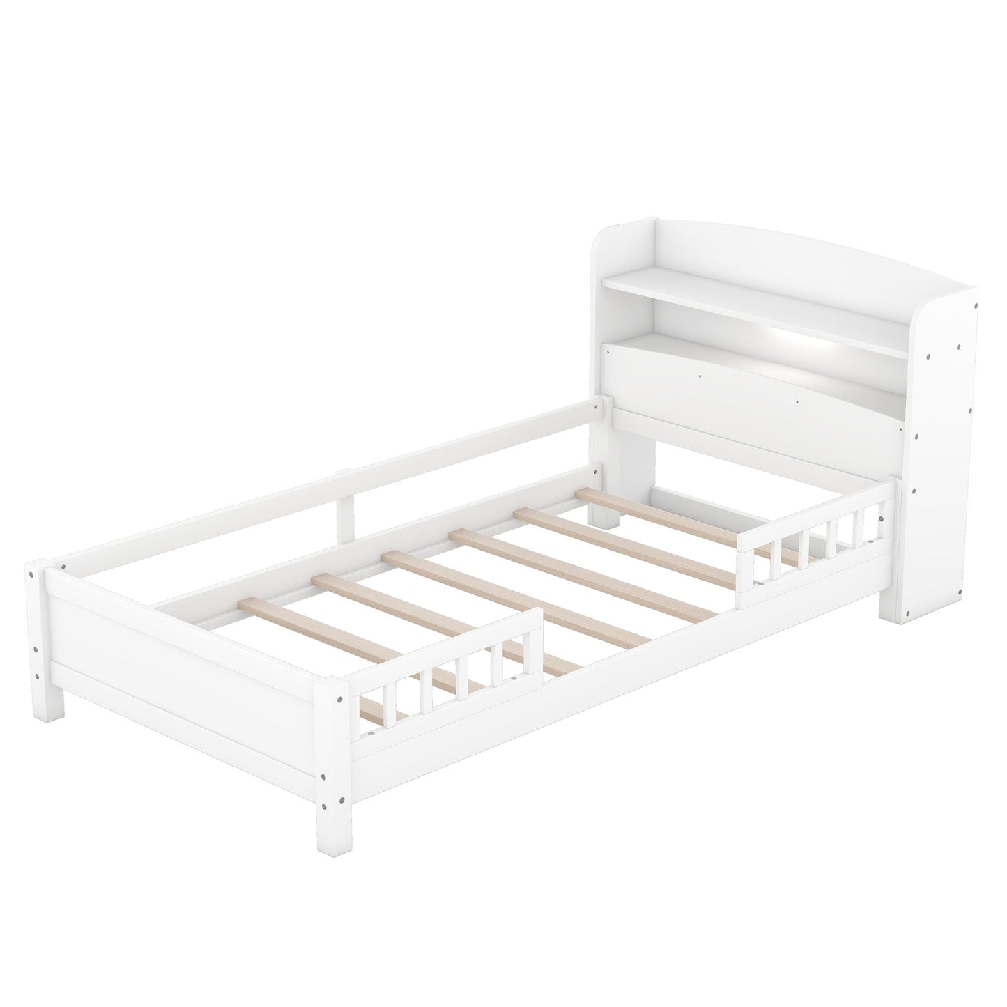 White wood platform bed with LED light, storage headboard and guardrail by HouseOfZazla on Tampa Home & Garden Store
