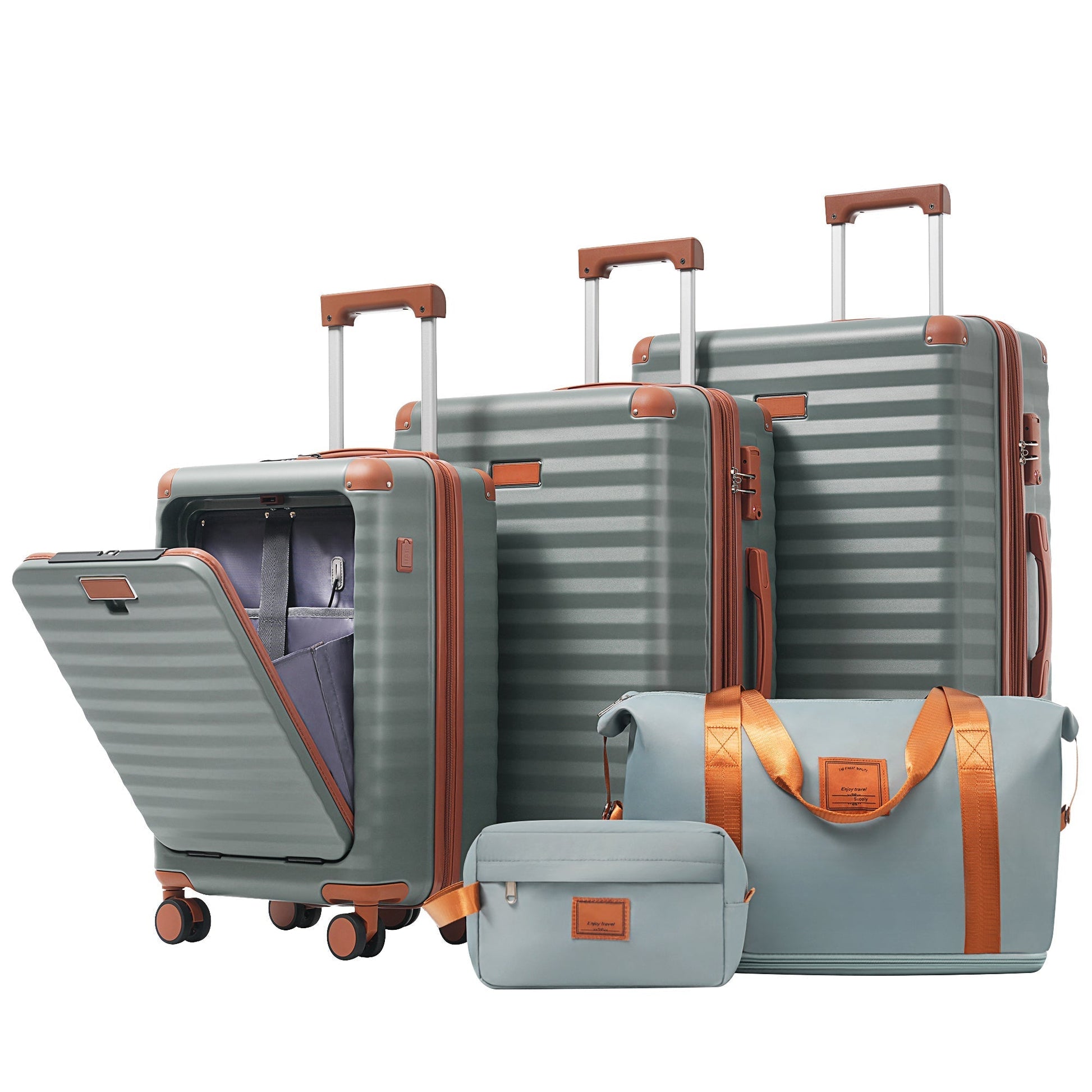 Deluxe 5-Piece Hard-Side Luggage Set gray-green shells with orange-brown trim HouseOfZazla on Tampa Home & Garden Store