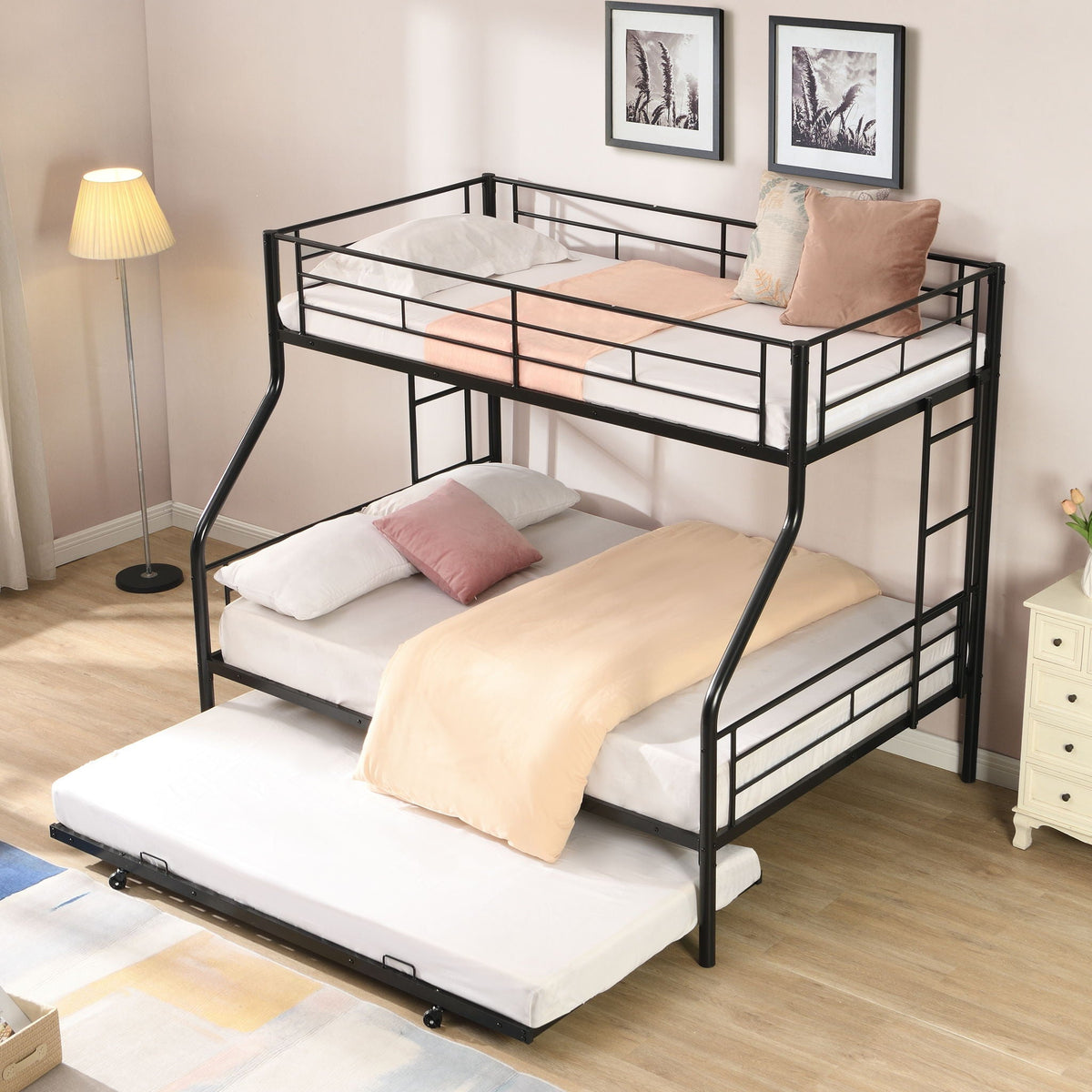 Modern Metal Bunk Bed black steel frame by HouseOfZazla, twin bunks with peach bedding on Tampa Home & Garden Store