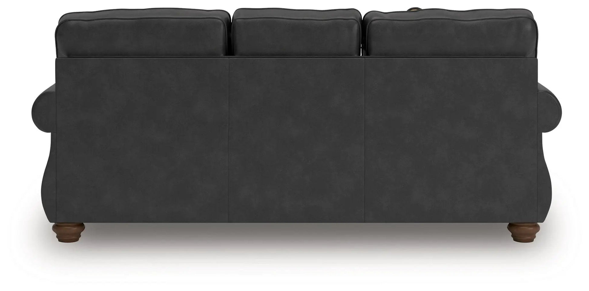 Chasemore sofa by Unique Piece Furniture, charcoal gray faux leather upholstery, back view on Tampa Home & Garden Store