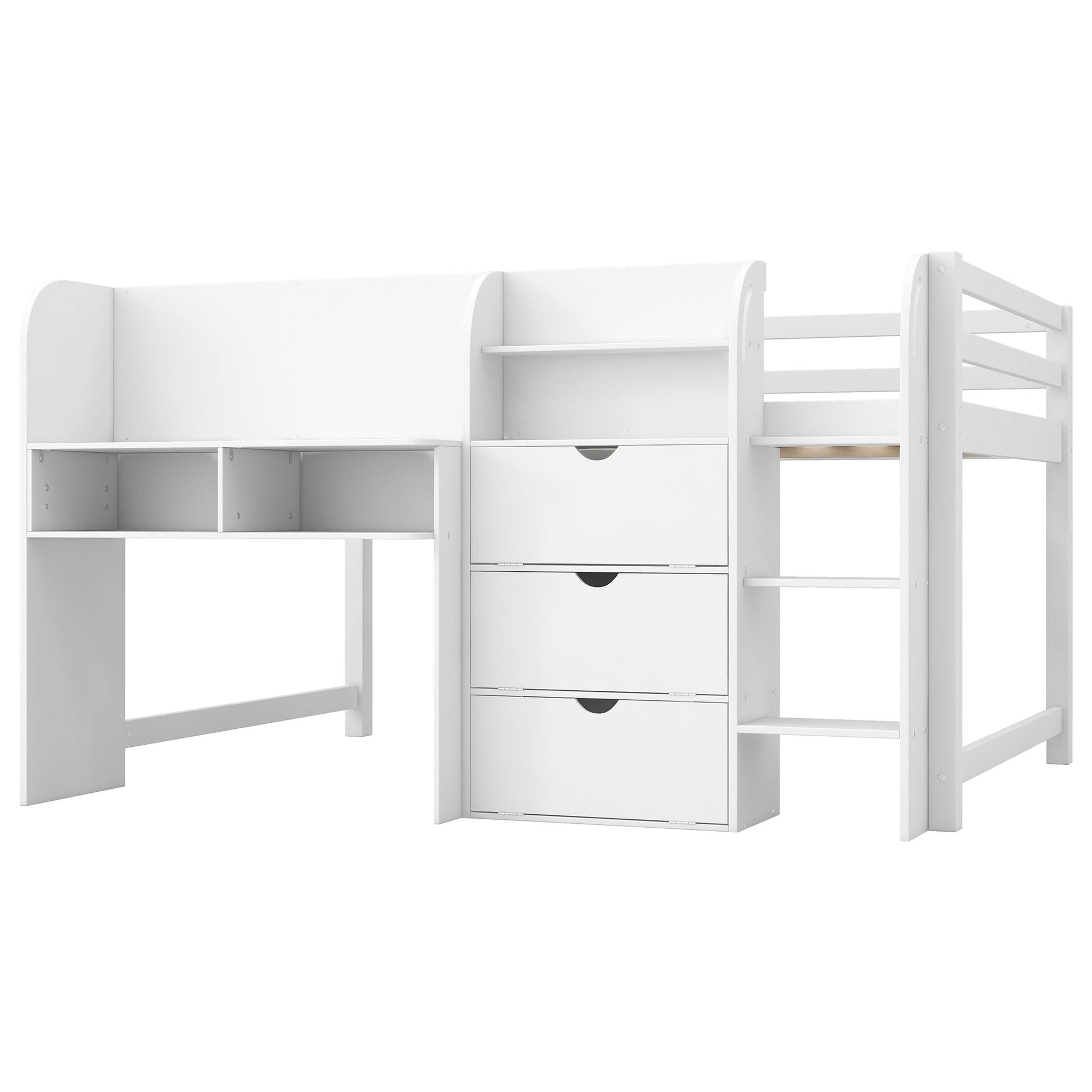 Low loft bed with built-in desk, doodle board, storage & bookcase in white HouseOfZazla on Tampa Home & Garden Store