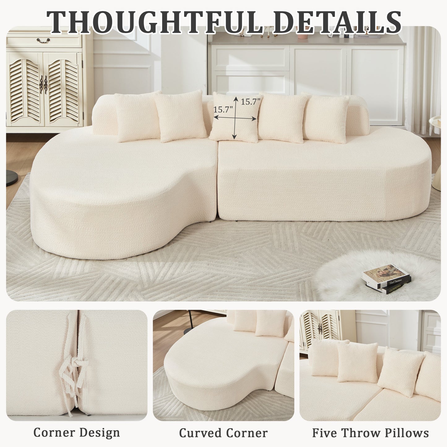 Curved Sectional Sofa and Ivory Chenille Pillows