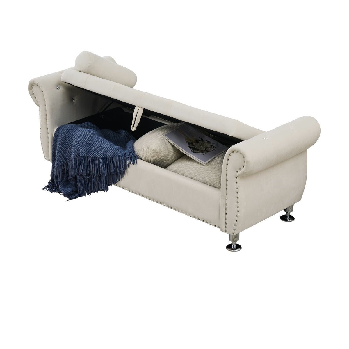 Storage bench in cream faux leather with crystal-buttoned accents and a bolster pillow on Tampa Home & Garden Store