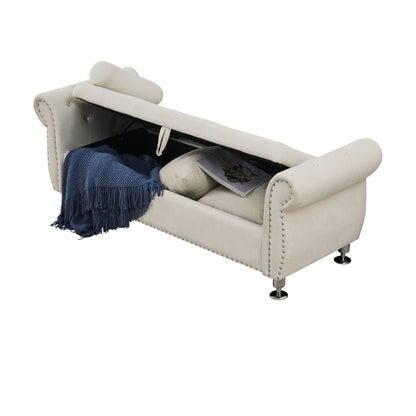 Storage bench in cream faux leather with crystal-buttoned accents and a bolster pillow on Tampa Home & Garden Store