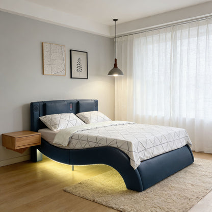 Platform bed frame with LED lighting, Bluetooth music, and massage; navy upholstered headboard on Tampa Home & Garden Store