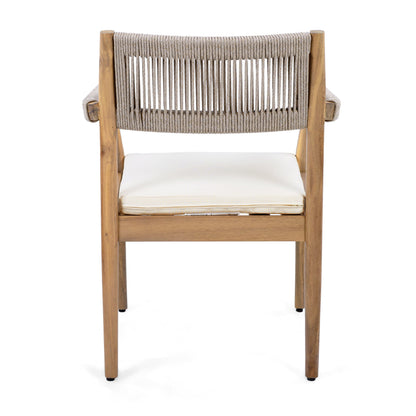 Braided acacia wood outdoor dining chair with rope back and cream cushion teak-look finish on Tampa Home & Garden Store