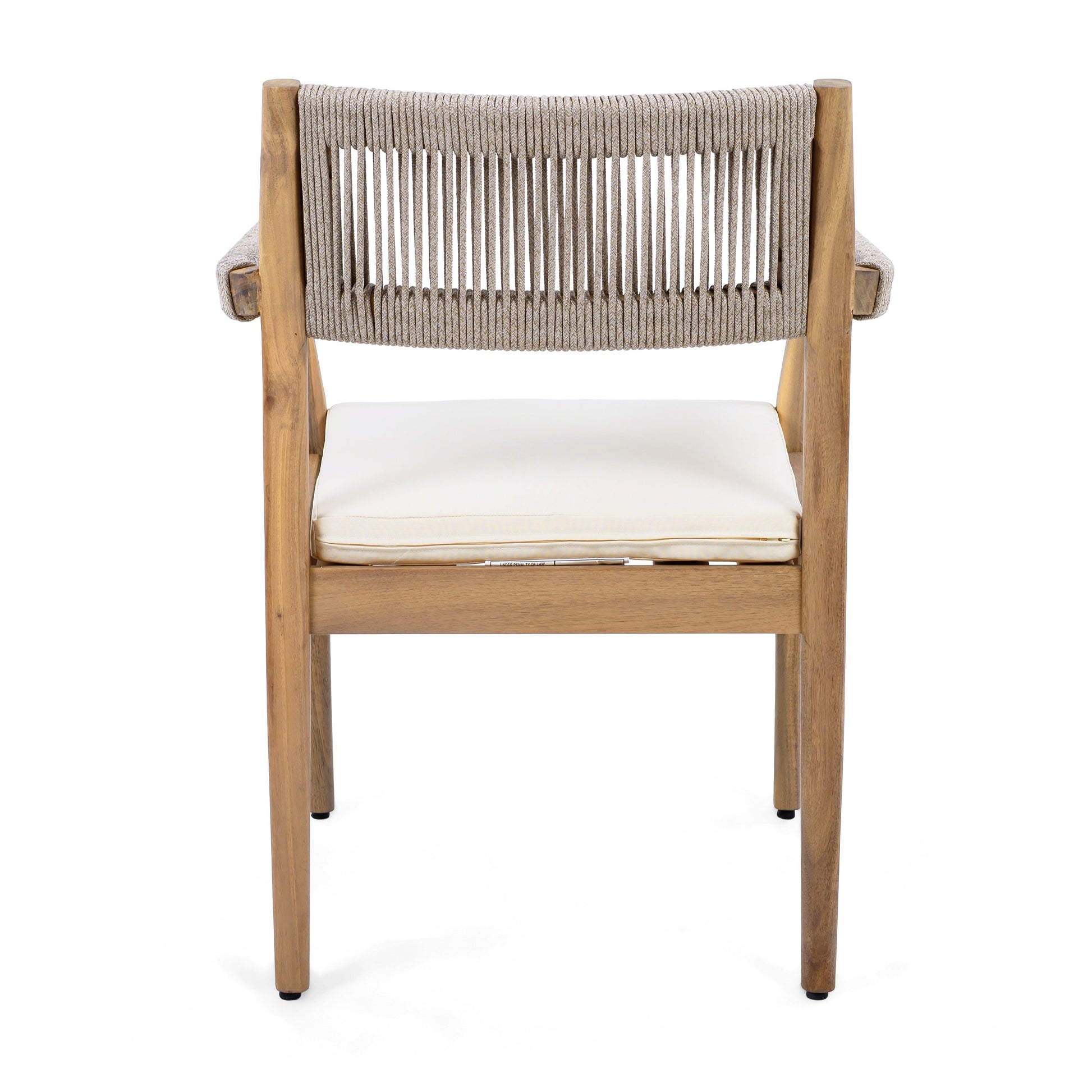 Braided acacia wood outdoor dining chair with teak frame and beige rope back, cream cushion on Tampa Home & Garden Store