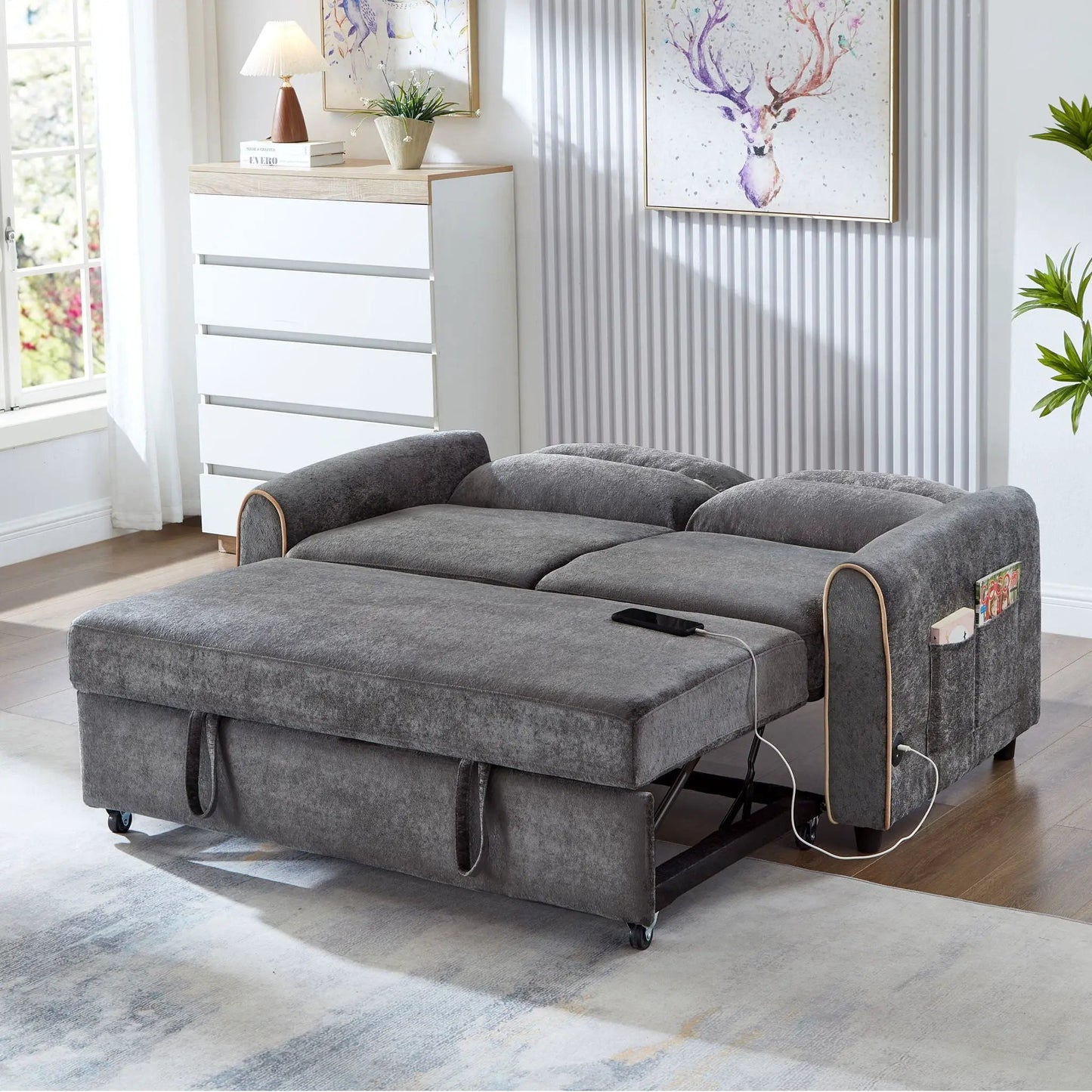 Pull out sofa bed in gray fabric with 3-position backrest, USB ports and side pockets on Tampa Home & Garden Store