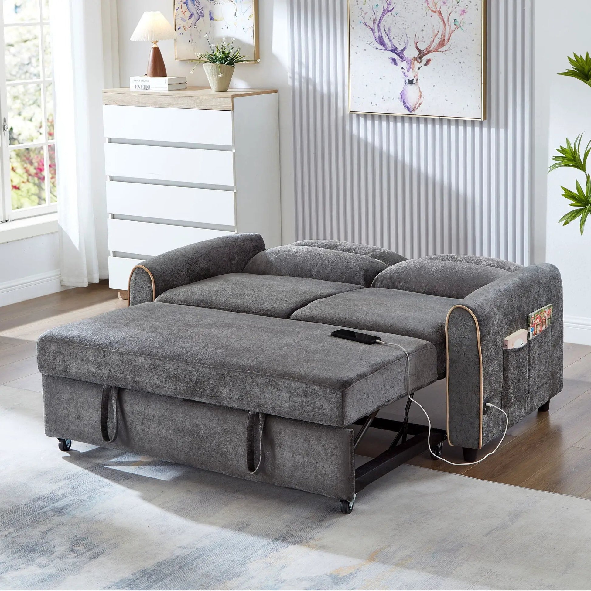 Pull out sofa bed in gray fabric with 3-position backrest, USB ports and side pockets on Tampa Home & Garden Store