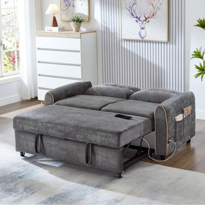 Pull out sofa bed in gray fabric with 3-position backrest, USB ports and side pockets on Tampa Home & Garden Store