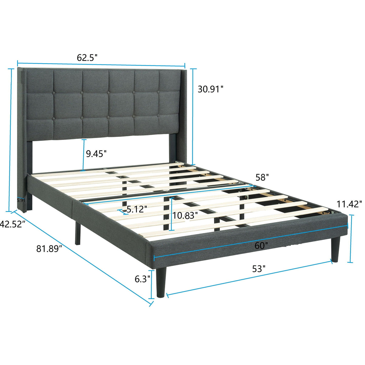 Queen size dark gray upholstered platform bed with button tufted headboard on Tampa Home & Garden Store