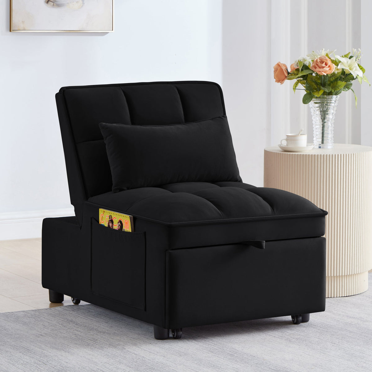 Single Velvet Sofa Bed with Storage Pockets