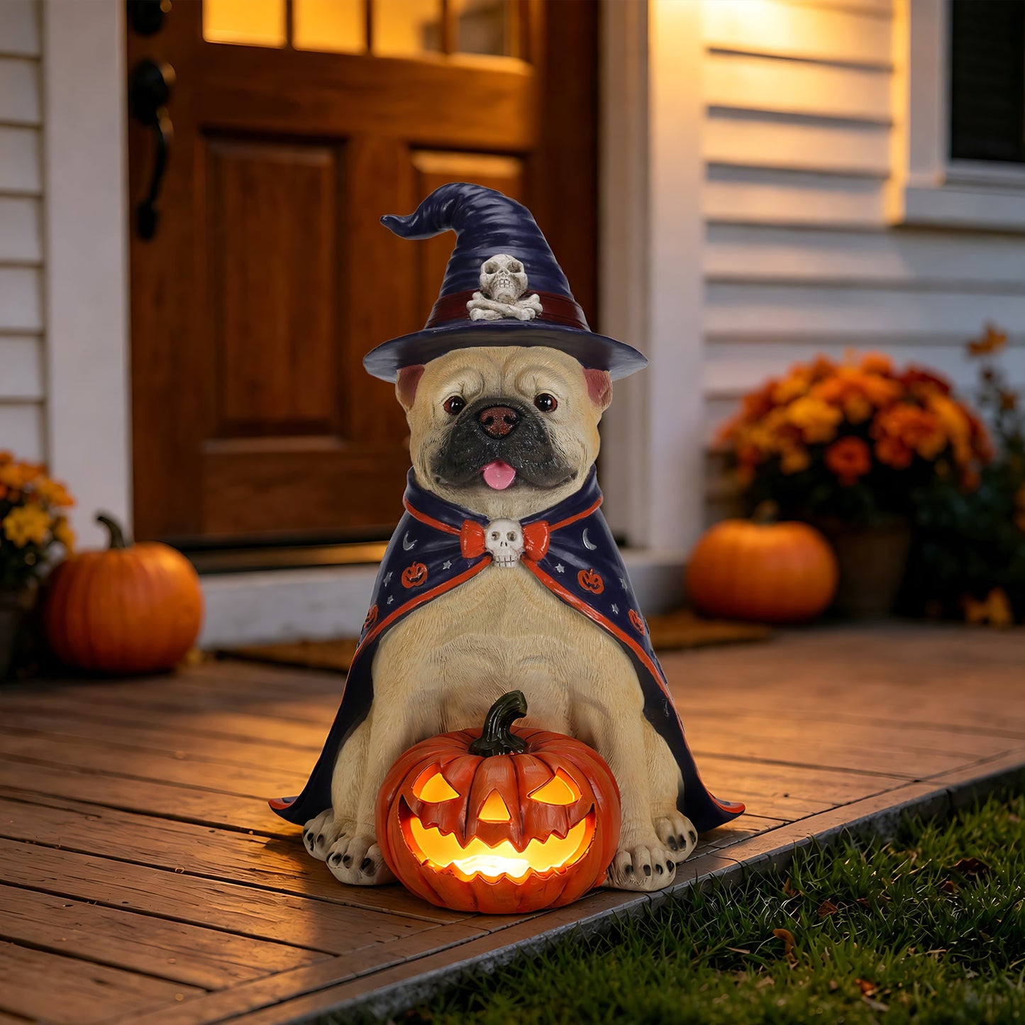 Halloween Bulldog Witch Statue by HouseOfZazla with LED light-up jack-o-lantern pumpkin hat on Tampa Home & Garden Store