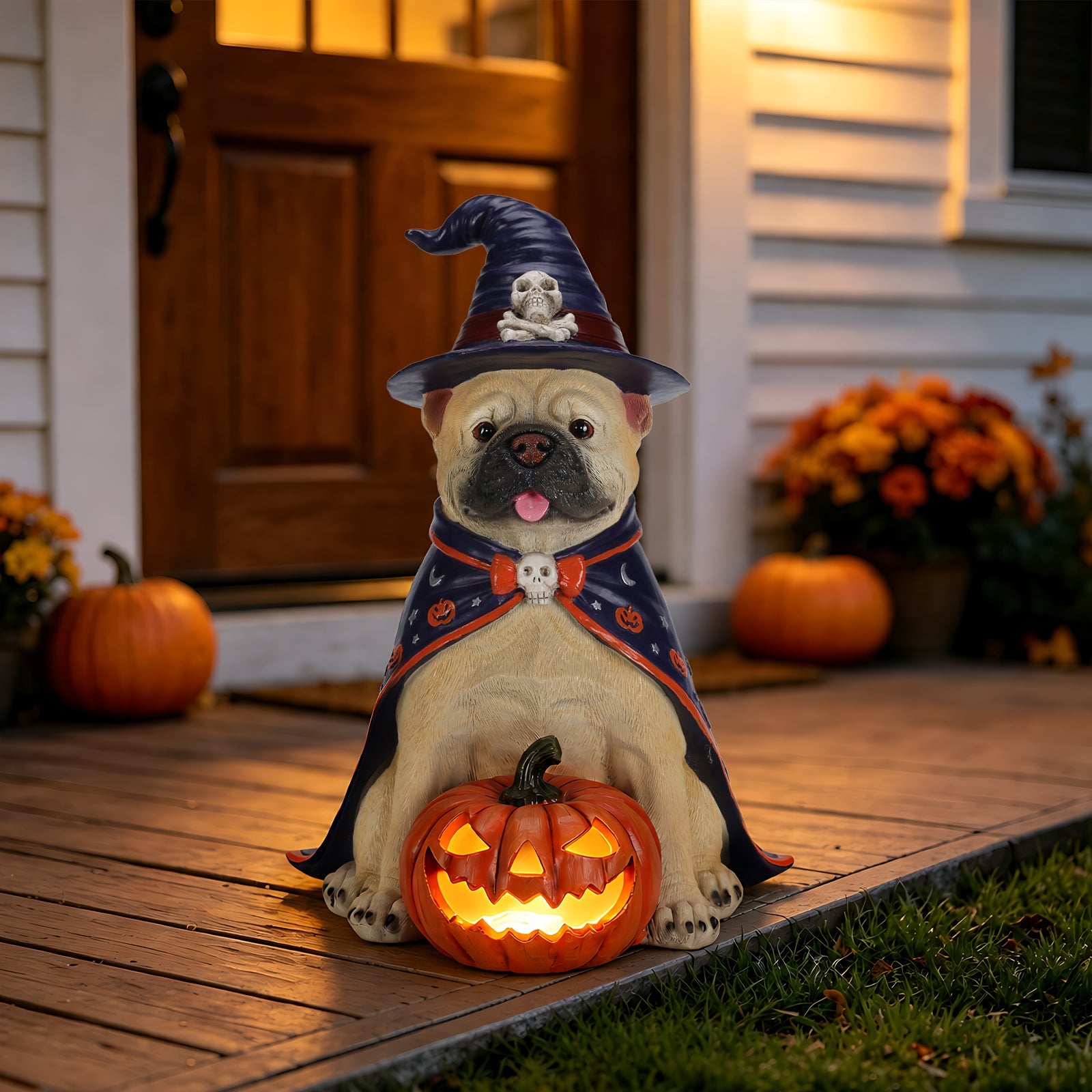 Halloween Bulldog Witch Statue by HouseOfZazla with LED light-up jack-o-lantern pumpkin hat on Tampa Home & Garden Store