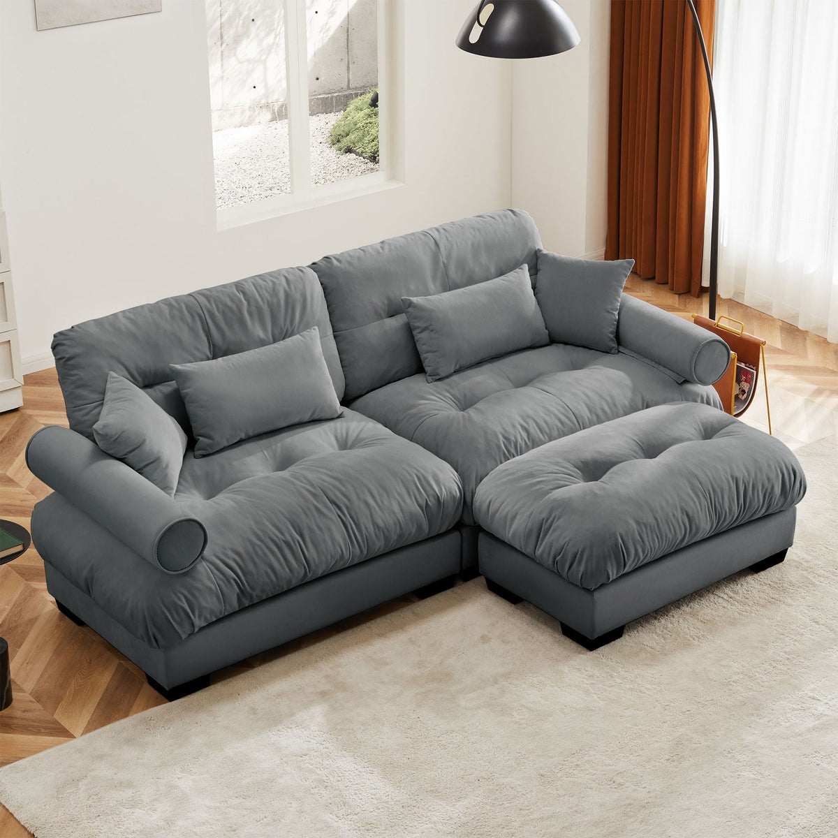 Oversized modular 2-piece sectional sofa in blue-gray fabric with movable ottoman on Tampa Home & Garden Store