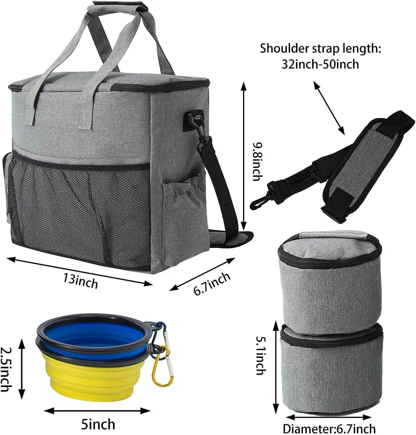 Max & Rex grey dog travel bag with shoulder strap; includes 2 food containers and 2 bowls on Tampa Home & Garden Store