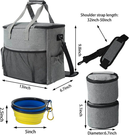 Max & Rex grey dog travel bag with shoulder strap; includes 2 food containers and 2 bowls on Tampa Home & Garden Store