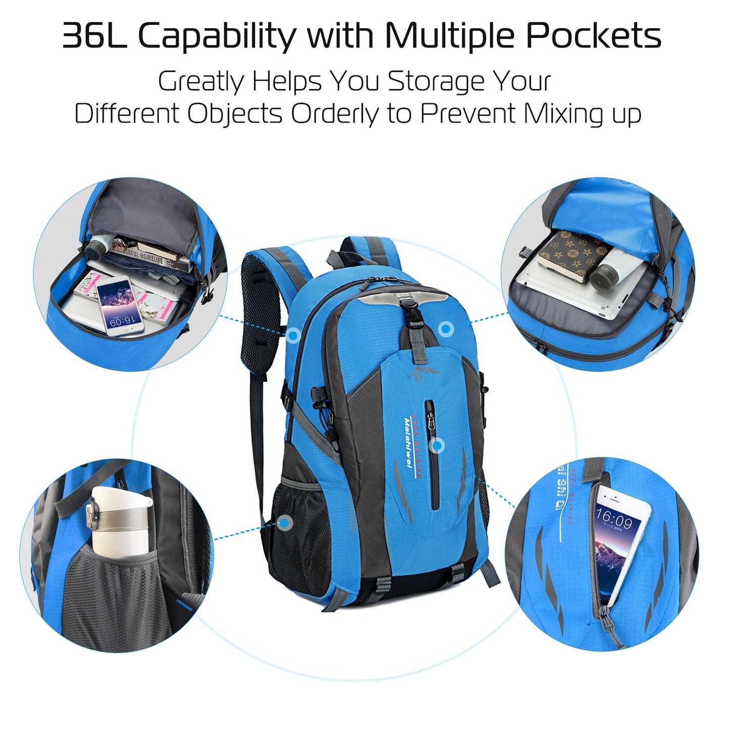 GemGear 36L waterproof hiking backpack blue with multiple pockets and side bottle holders on Tampa Home & Garden Store