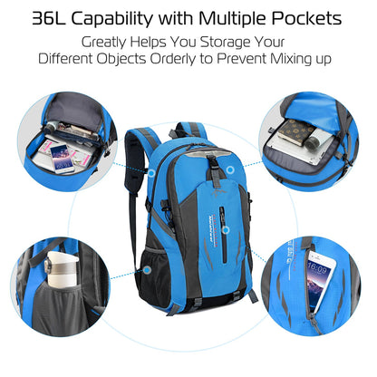 GemGear 36L waterproof hiking backpack blue with multiple pockets and side bottle holders on Tampa Home & Garden Store