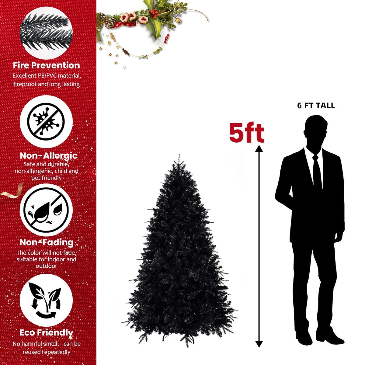 6-Foot Pre-Lit Black Christmas Tree with 350 LED Lights by HouseOfZazla on Tampa Home & Garden Store