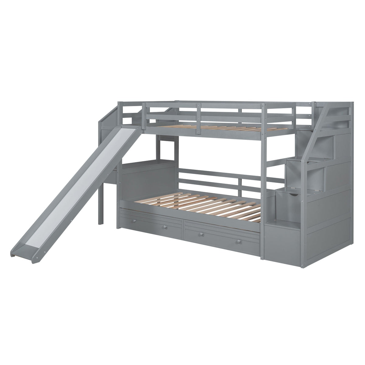 HouseOfZazla gray metal bunk bed with storage staircase, slide, drawers and shelves on Tampa Home & Garden Store