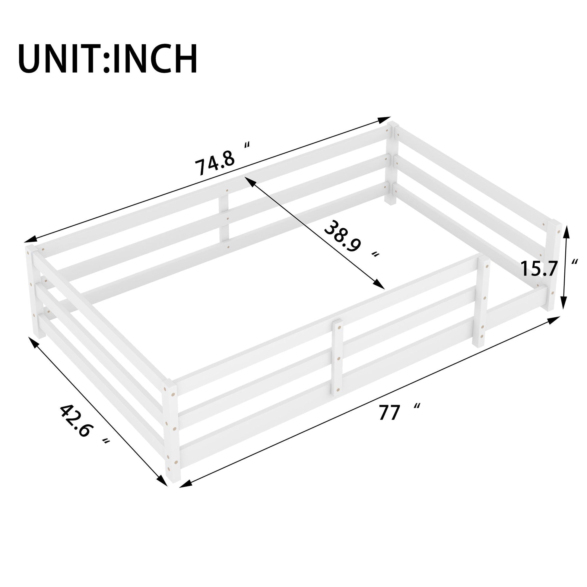White twin-size Montessori floor bed with fence guard rails in a HouseOfZazla panel bed frame on Tampa Home & Garden Store