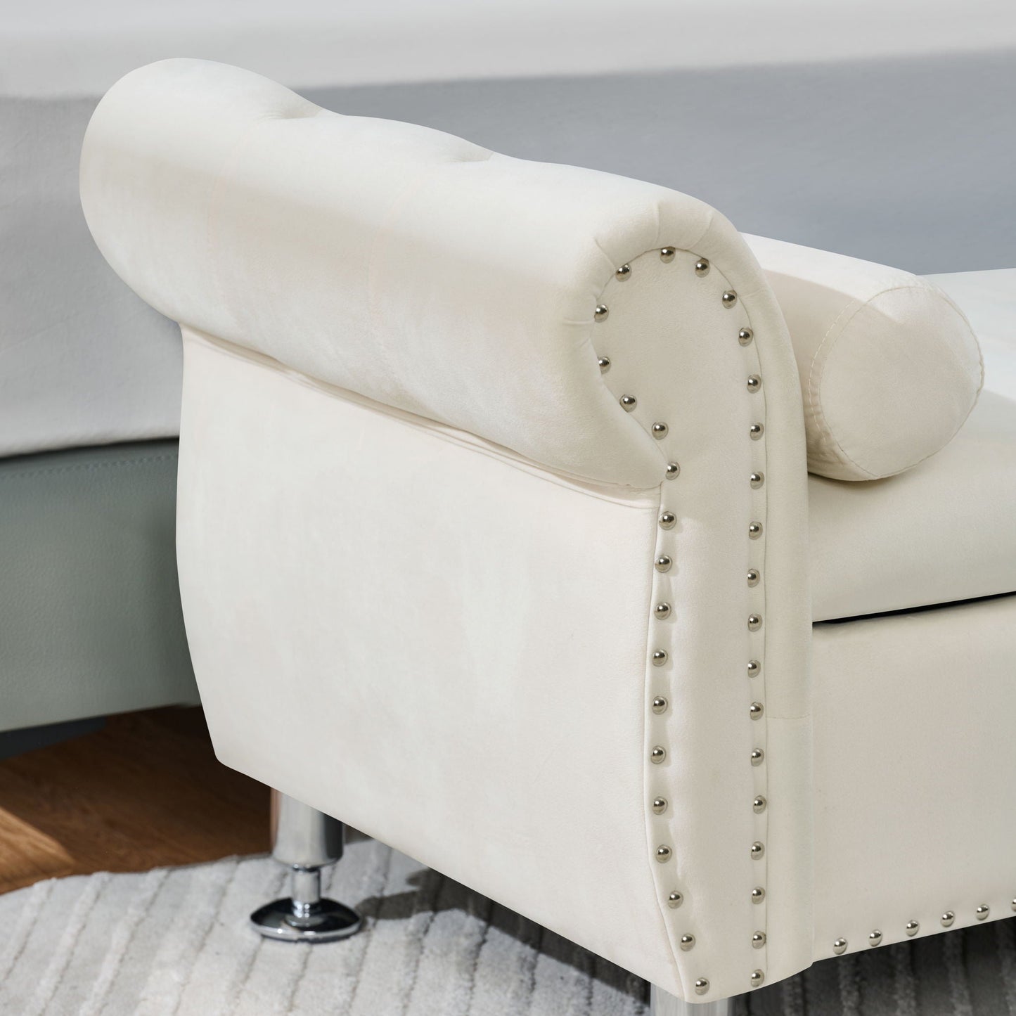 White faux leather storage bench with chrome studded trim and 1 pillow on Tampa Home & Garden Store