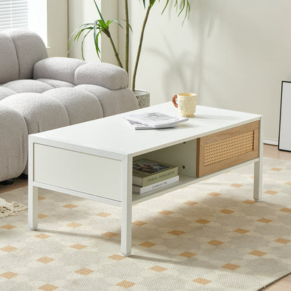 Modern Rattan Coffee Table with Sliding Door, white finish, woven cane front, lower shelf on Tampa Home & Garden Store